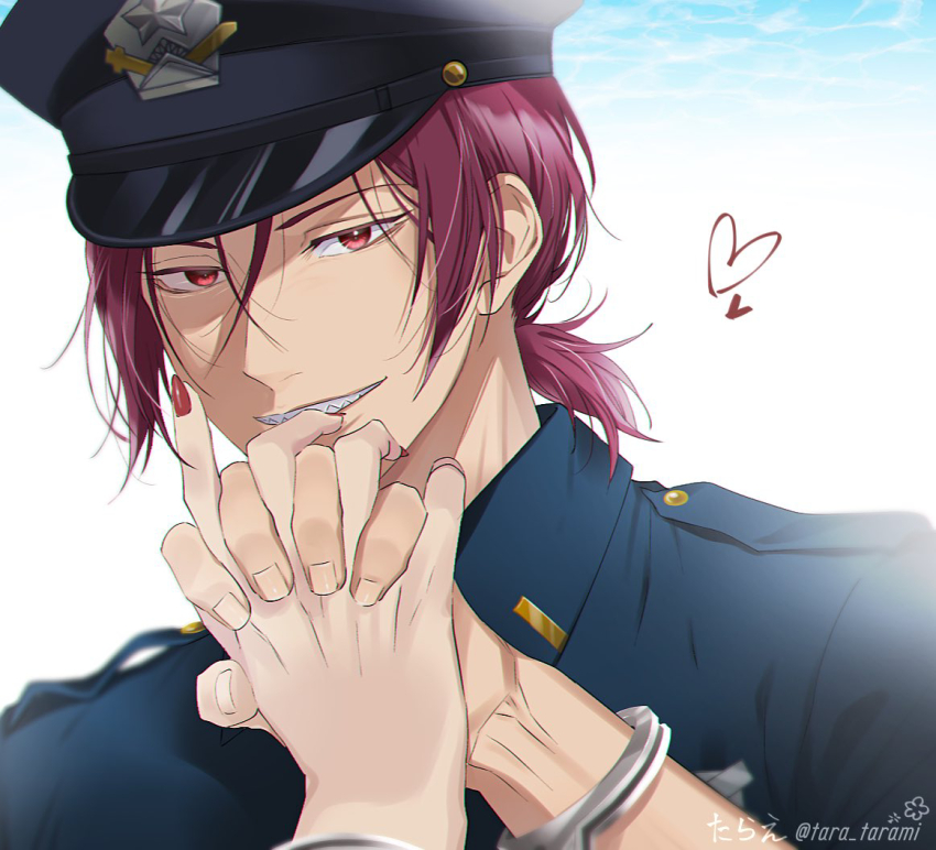 1boy free! heart interlocked_fingers looking_at_viewer male_focus matsuoka_rin nail_polish police police_uniform red_eyes red_hair sharp_teeth shioya3025 short_hair smile solo teeth