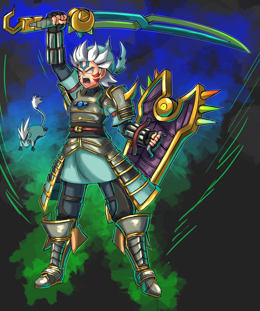 absurdres alternate_color alternate_costume alternate_weapon angry armor arms_up aura bird_studio blue_gemstone boots chest_jewel corruption crescent crossover dark_persona double_helix dragon_quest dragon_quest_viii fierce_deity fingerless_gloves gem gloves hal_laboratory hero_(dq8) highres holding holding_shield holding_sword holding_weapon jumping looking_to_the_side majora_(entity) multiple_boys multiple_persona munchie_(dq8) nintendo no_pupils open_mouth pauldrons possessed possession shield short_hair shoulder_armor spiked_pauldrons spiked_shield spikes square_enix standing stoic_seraphim super_smash_bros. sword tail the_legend_of_zelda the_legend_of_zelda:_majora&#039;s_mask triangle weapon white_eyes white_hair wrist_guards