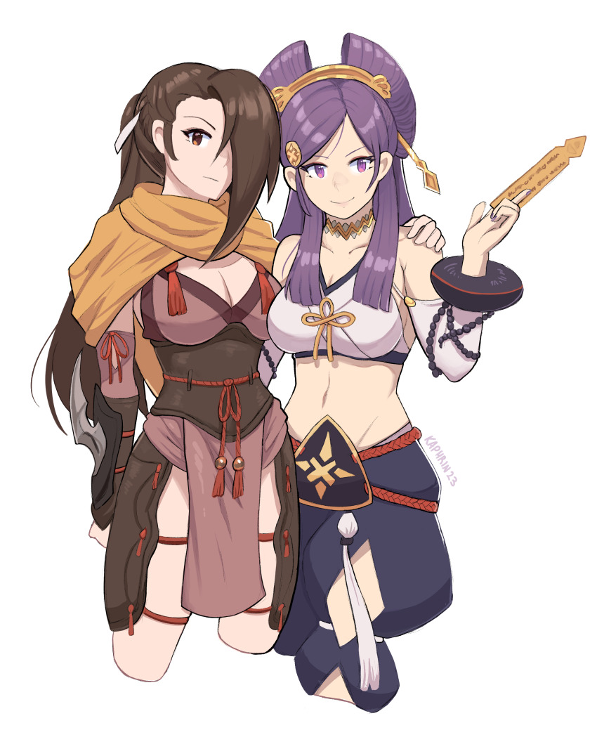 2girls absurdres arm_over_shoulder bare_shoulders breasts brown_eyes brown_hair cleavage comb commentary english_commentary fire_emblem fire_emblem_fates hair_bun hair_ornament hair_over_one_eye hair_stick highres japanese_clothes jewelry kagero_(fire_emblem) kaphrin large_breasts long_hair looking_at_viewer midriff multiple_girls ninja nintendo orochi_(fire_emblem) ponytail purple_eyes purple_hair scarf smile yellow_scarf