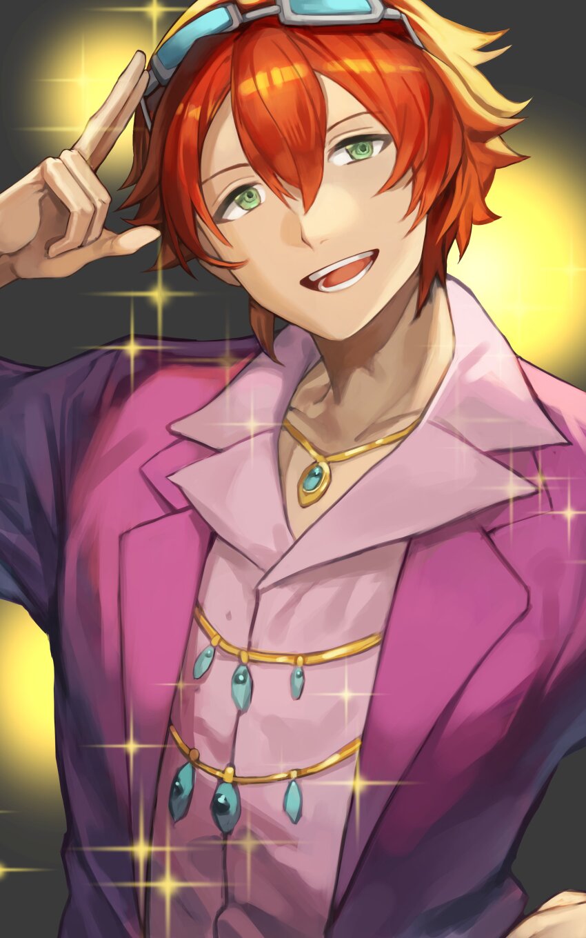 1boy absurdres cancanbaobao55 collared_shirt eiyuu_densetsu eyewear_on_head formal_clothes green_eyes hashtag-only_commentary highres jacket lechter_arundel looking_at_viewer male_focus open_mouth pink_jacket pink_shirt pink_suit red_hair salute shirt short_hair smile solo sparkle standing suit sunglasses two-finger_salute upper_body zero_no_kiseki