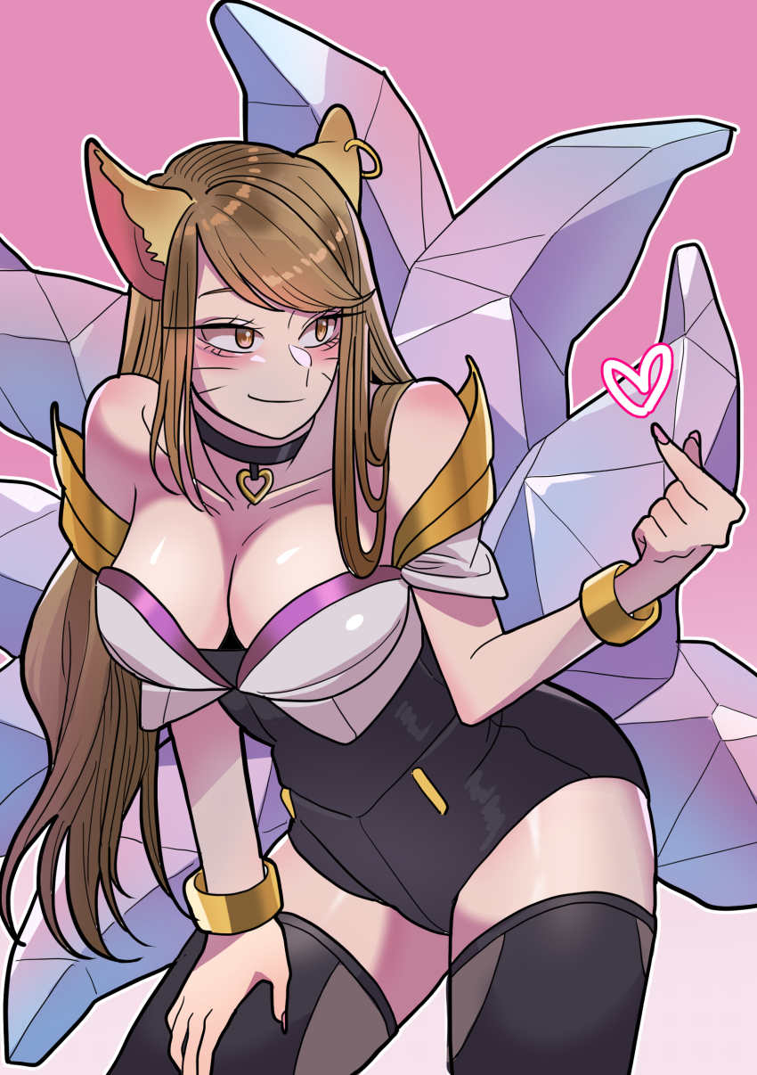 1girl absurdres ahri_(league_of_legends) animal_ear_piercing animal_ears armlet bare_shoulders belt_collar black_boots boots breasts brown_eyes brown_hair cleavage collar earrings facial_mark fox_ears fox_girl fox_tail hair_over_shoulder hand_on_own_leg heart highres jewelry kitsune kyuubi large_breasts league_of_legends long_hair looking_at_object multiple_tails pink_background short_sleeves simple_background smile solo star_guardian_(league_of_legends) star_guardian_ahri tail user_mvgm4473