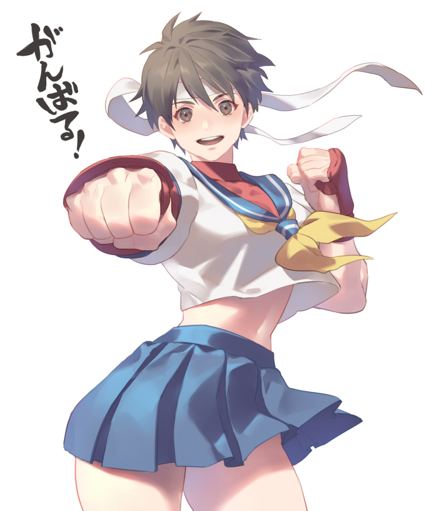 1girl arms_up blue_skirt brown_eyes brown_hair clenched_hand commentary crop_top eyeliner fingerless_gloves gloves headband highres kasugano_sakura looking_at_viewer makeup midriff miniskirt mma_gloves navel neckerchief open_mouth outstretched_arm pleated_skirt red_eyeliner red_gloves sailor_collar shirt short_hair short_sleeves simple_background skirt smile solo street_fighter talgi teeth thighs translation_request upper_teeth_only white_background white_headband white_shirt yellow_neckerchief