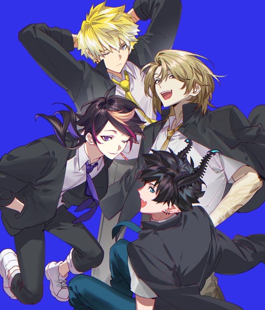 4boys :d absurdres arm_tattoo arms_behind_head arms_up black_hair black_horns black_jacket black_pants blonde_hair blue_background blue_eyes blue_necktie blue_pants brown_pants closed_mouth collared_shirt commentary earrings fang fangs grey_pants hair_between_eyes hands_in_pockets highres horns jacket jacket_on_shoulders jewelry kaohom503 long_hair long_sleeves looking_at_viewer looking_back luca_kaneshiro male_focus multicolored_hair multiple_boys multiple_earrings necktie nijisanji nijisanji_en one_eye_closed open_clothes open_jacket open_mouth pants parted_bangs pink_hair pointy_ears purple_eyes purple_hair purple_necktie ren_zotto shirt shoes short_hair short_sleeves shu_yamino simple_background single_earring skin_fang smile sonny_brisko streaked_hair swept_bangs symbol-only_commentary tattoo teeth upper_teeth_only virtual_youtuber white_hair white_shirt white_shoes wing_collar yellow_necktie