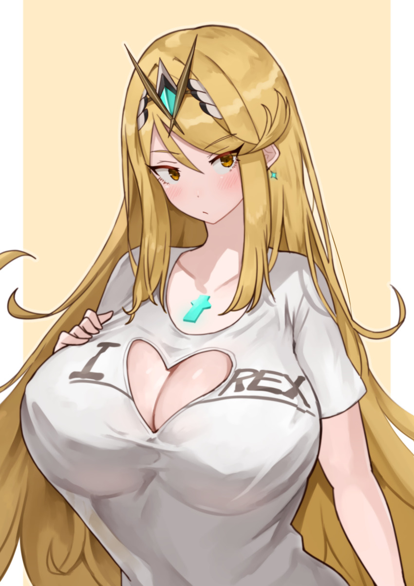 1girl absurdres alternate_costume breasts cleavage clothing_cutout heart_cutout highres large_breasts mythra_(xenoblade) shirt solo t-shirt xenoblade_chronicles_(series) xenoblade_chronicles_2 yotsuha_uni