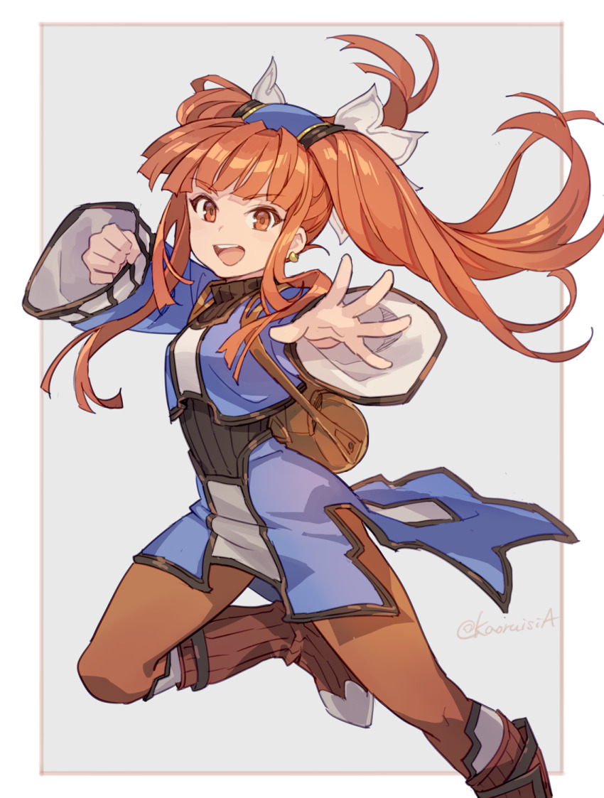 1girl :d black_undershirt blue_shirt blunt_bangs boots brown_boots clenched_hand dewprism earrings floating_hair foot_out_of_frame highres holding jewelry leg_up long_hair looking_at_viewer mint_(dewprism) open_mouth orange_eyes orange_hair orange_pantyhose outstretched_hand pantyhose pota_(bluegutty) shirt sidelocks smile solo twintails twitter_username weapon wide_sleeves