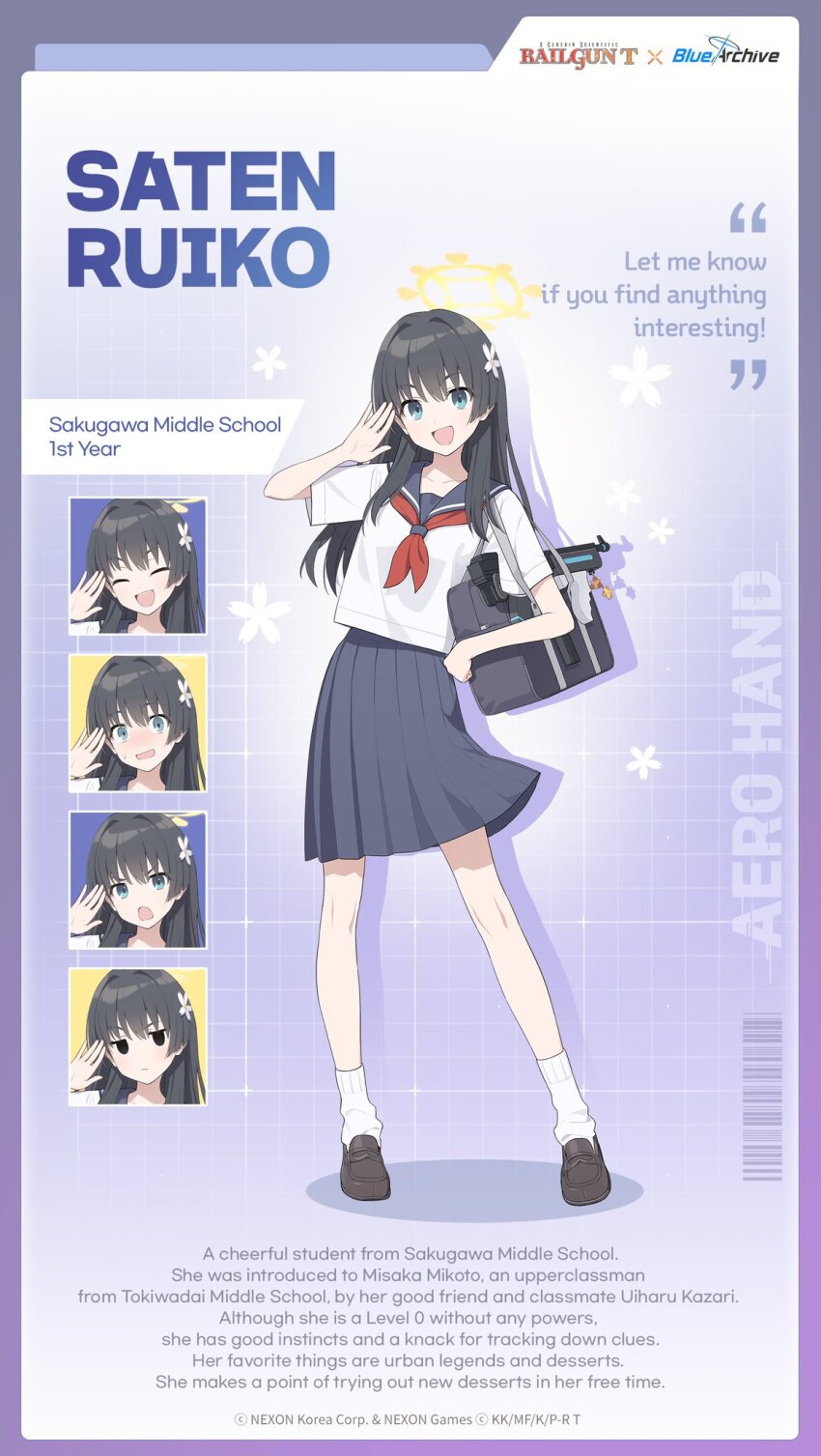 1girl 2024 20s bare_legs black_hair blue_archive blue_eyes blush character_name collarbone commentary english_commentary english_text multiple_expressions flower full_body gun hair_flower hair_ornament highres leg_warmers loafers long_hair long_skirt looking_at_viewer mimitoke official_art sakugawa_school_uniform saten_ruiko school_uniform serafuku shoes skirt smile standing submachine_gun summer_uniform thompson_submachine_gun toaru_kagaku_no_railgun toaru_kagaku_no_railgun_t toaru_majutsu_no_index weapon