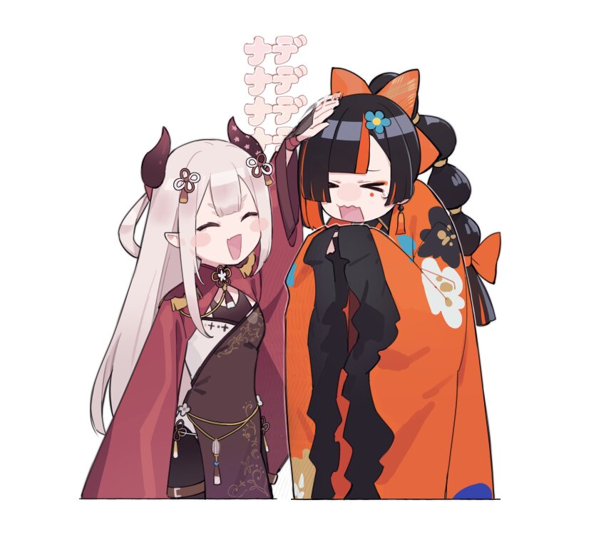 &gt;_&lt; 2girls blunt_bangs blunt_sidelocks bow center-flap_bangs chinese_clothes choya_hanabi closed_eyes double-parted_bangs dress earrings eyeliner facial_mark flower_hairpin flower_knot hair_bow haori headpat highleg highleg_dress highres horns japanese_clothes jewelry long_sleeves makeup multi-tied_hair multicolored_hair multiple_girls naraka_(nijisanji) nijisanji open_mouth ponytail red_bow red_eyeliner red_haori sidelocks simple_background streaked_hair tassel tassel_earrings tearing_up tiimukai v-shaped_eyebrows virtual_youtuber vspo! white_background white_hair wide_sleeves