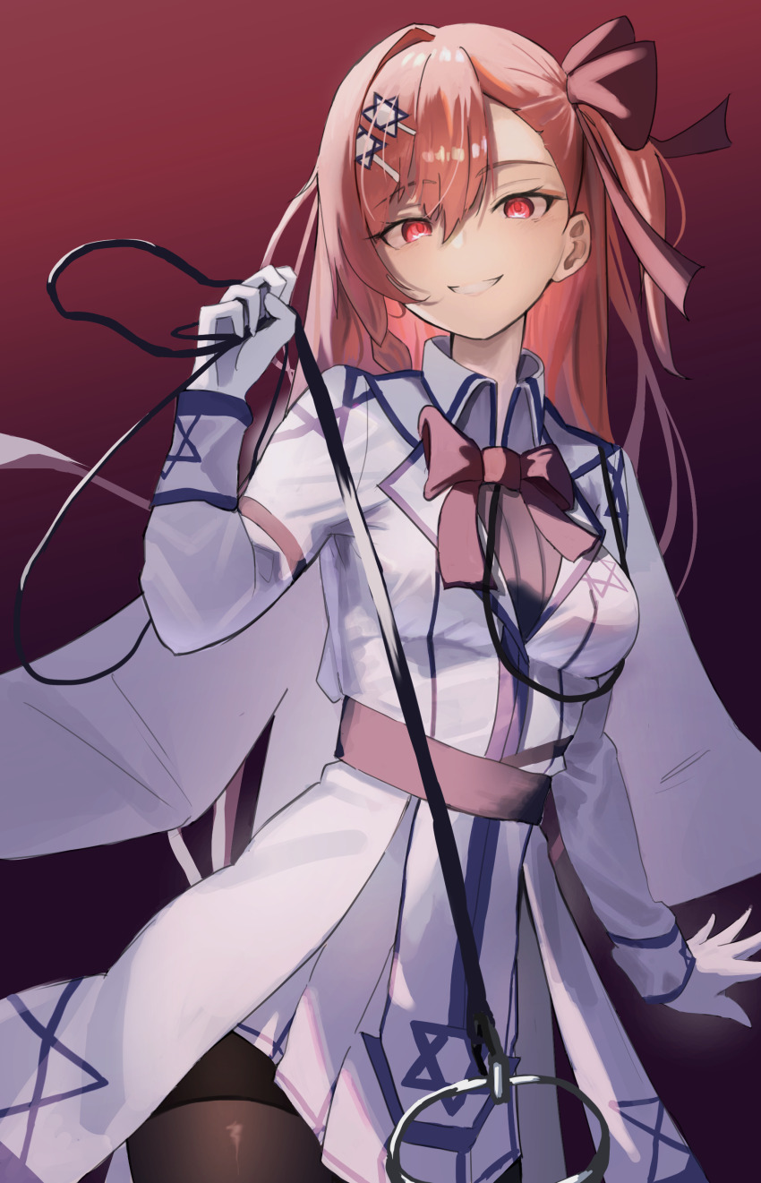 1girl absurdres agony black_pantyhose bow bowtie braid breasts cowboy_shot girls&#039;_frontline gloves hair_bow hair_ornament hairclip hexagram highres holding holding_leash leash leash_pull long_hair long_sleeves looking_at_viewer medium_breasts miniskirt negev_(girls&#039;_frontline) one_side_up pantyhose pink_hair pleated_skirt pov red_bow red_bowtie red_eyes side_braid skirt smile smug solo standing star_of_david two-tone_skirt viewer_on_leash white_gloves white_skirt
