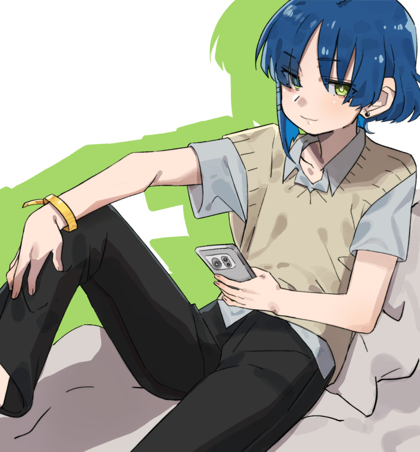 1girl asymmetrical_hair black_pants blue_hair bocchi_the_rock! bright_pupils brown_sweater_vest cable_tie_around_wrist cellphone closed_mouth collared_shirt commentary earrings green_eyes highres holding holding_phone jewelry pants phone shirt short_hair short_sleeves sitting smartphone smile solo stud_earrings sweater_vest takao_(88499191) white_background white_pupils white_shirt yamada_ryo