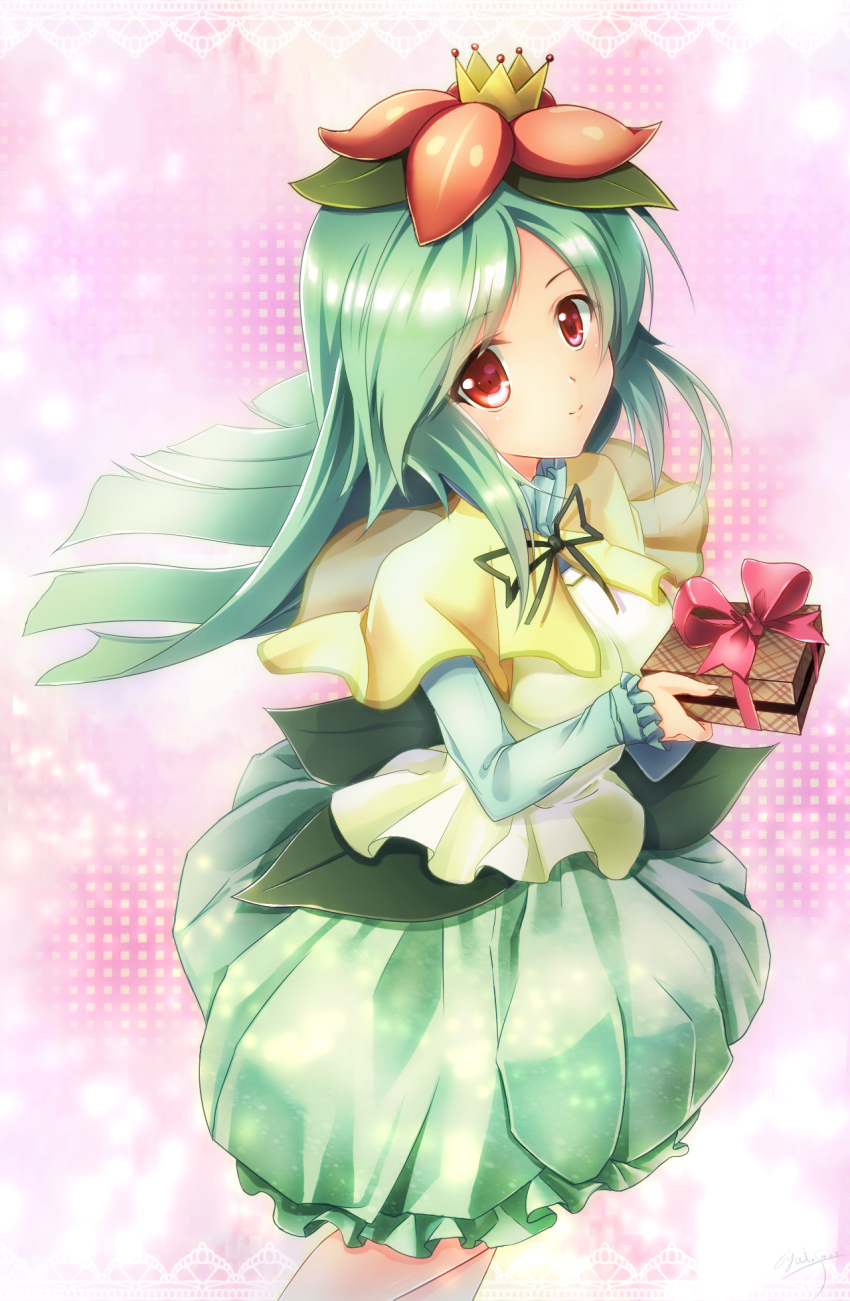 1girl artist_name bow bowtie dress female_focus flower gen_5_pokemon gift green_dress green_hair hair_flower hair_ornament highres lilligant long_hair nintendo personification pokemon red_eyes solo yuitsuki1206
