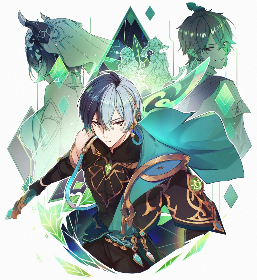 2boys 3girls :d absurdres alhaitham_(genshin_impact) alhaitham_(genshin_impact)_(cosplay) aoyagi_touya azusawa_kohane bare_shoulders black_gloves black_pants black_shirt blue_hair cosplay cropped_legs dark_blue_hair earrings elbow_gloves fake_horns faruzan_(genshin_impact) faruzan_(genshin_impact)_(cosplay) frown genshin_impact gloves grey_eyes grin highres horns jewelry kaveh_(genshin_impact) kaveh_(genshin_impact)_(cosplay) light_blue_hair long_hair looking_ahead looking_at_another meiko_(vocaloid) mole mole_under_eye multicolored_hair multiple_boys multiple_girls nahida_(genshin_impact) nahida_(genshin_impact)_(cosplay) nilou_(genshin_impact) nilou_(genshin_impact)_(cosplay) one_eye_closed open_mouth pants parody project_sekai serious shinonome_akito shiraishi_an shirt short_hair sleeveless smile solo_focus twintails two-tone_hair veil vivid_bad_squad_(project_sekai) white_background yen-mi