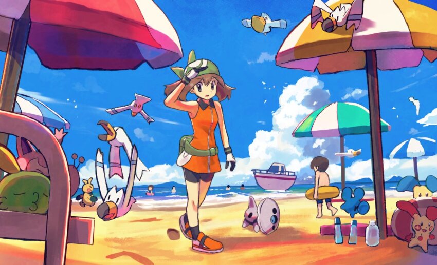 1girl aron azurill bandana bare_shoulders beach beach_umbrella black_shorts blue_sky brown_eyes brown_hair cloud cloudy_sky fanny_pack game_freak gen_3_pokemon gloves green_bandana gulpin makuhita may_(pokemon) minun nintendo ocean orange_shirt pelipper people plusle pokemon pokemon_(creature) pokemon_emerald pokemon_rse rowdon sand ship shirt shorts skitty sky sleeveless sleeveless_shirt tuber_(pokemon) umbrella walking watercraft wingull