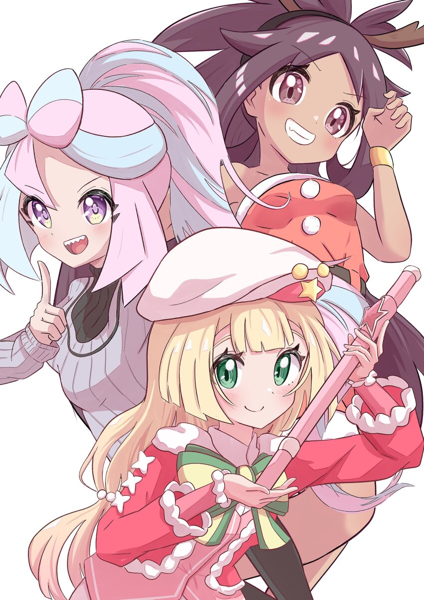3girls absurdres bare_shoulders big_hair blonde_hair blue_hair blush border bow-shaped_hair breasts brown_eyes christmas closed_mouth commentary_request dark-skinned_female dark_skin dress eyelashes flute frills fur-trimmed_dress fur_trim green_eyes hair_ornament hat highres holding holding_instrument instrument iono_(pokemon) iris_(pokemon) lillie_(holiday_2024)_(pokemon) lillie_(pokemon) long_hair long_sleeves looking_at_viewer multicolored_hair multiple_girls nintendo official_alternate_costume open_mouth pink_hair pokemon pokemon_bw2 pokemon_masters_ex pokemon_sv ponytail purple_hair recorder red_dress ribbon rono_(lethys) santa_costume santa_dress sharp_teeth shirt skirt smile sweater teeth turtleneck turtleneck_sweater two-tone_hair very_long_hair white_border white_hat white_skirt
