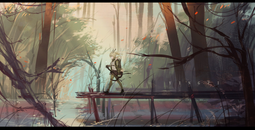 1girl antlers arknights artist_name bare_tree belt belt_buckle black_belt black_boots black_shirt black_skirt boots bow_(weapon) buckle chinese_commentary closed_mouth collared_shirt commentary_request crossbow deer_antlers dock firewatch_(arknights) floating_hair forest from_side full_body fur-trimmed_hood fur_trim green_jacket green_pantyhose high_belt highres holding holding_crossbow holding_weapon hood hood_down hooded_jacket horns jacket lake letterboxed light_frown long_hair long_sleeves miniskirt nature open_clothes open_jacket outdoors pantyhose petals ponytail red_eyes shirt skirt solo sunrise sweater tree walking watermark weapon white_hair white_sweater wind yingzi