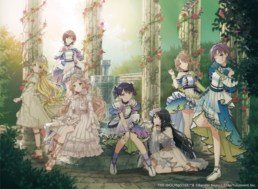 6+girls black_hair blonde_hair column dress earrings english_text flower fountain fukumaru_koito gradient_clothes gradient_dress hachimiya_meguru highres higuchi_madoka ichikawa_hinana idol_clothes idolmaster idolmaster_shiny_colors illumination_stars_(idolmaster) jewelry kazano_hiori multicolored_hair multiple_girls noctchill_(idolmaster) official_art pillar red_eyes red_hair rose sakuragi_mano sandals veil white_dress white_veil yellow_sandals