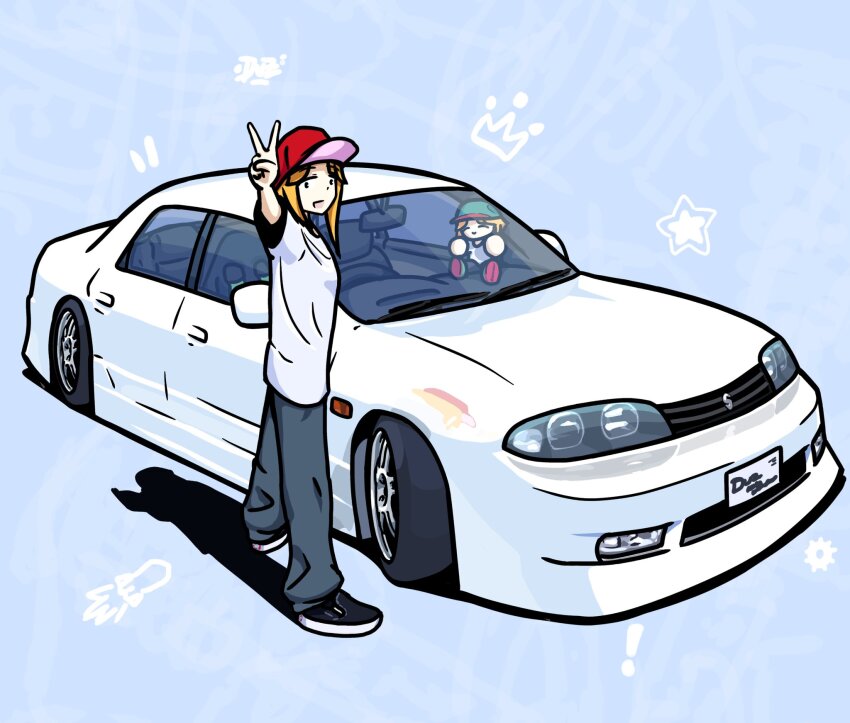 1girl baseball_cap black_shoes blue_pants character_doll doll drawn_crown duz furuda_keiko_(duz) hat highres jewelry license_plate necklace nissan_skyline nissan_skyline_r33 original pants red_hat shadow shirt shoes solo star_(symbol) vehicle_focus white_shirt