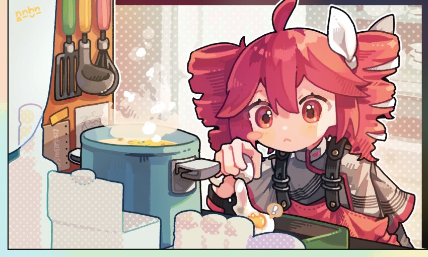 1girl :&lt; ahoge apron blush bottle bow bowl broken_egg cooking drill_hair egg food grey_jacket hair_between_eyes hair_bow hair_ribbon highres indoors jacket kasane_teto kasane_teto_(sv) kitchen ladle layered_sleeves plate red_apron red_eyes ribbon shoulder_boards solo soup spatula striped_clothes striped_jacket synthesizer_v tabard tabunnanhun twin_drills utau whisk white_bow white_ribbon