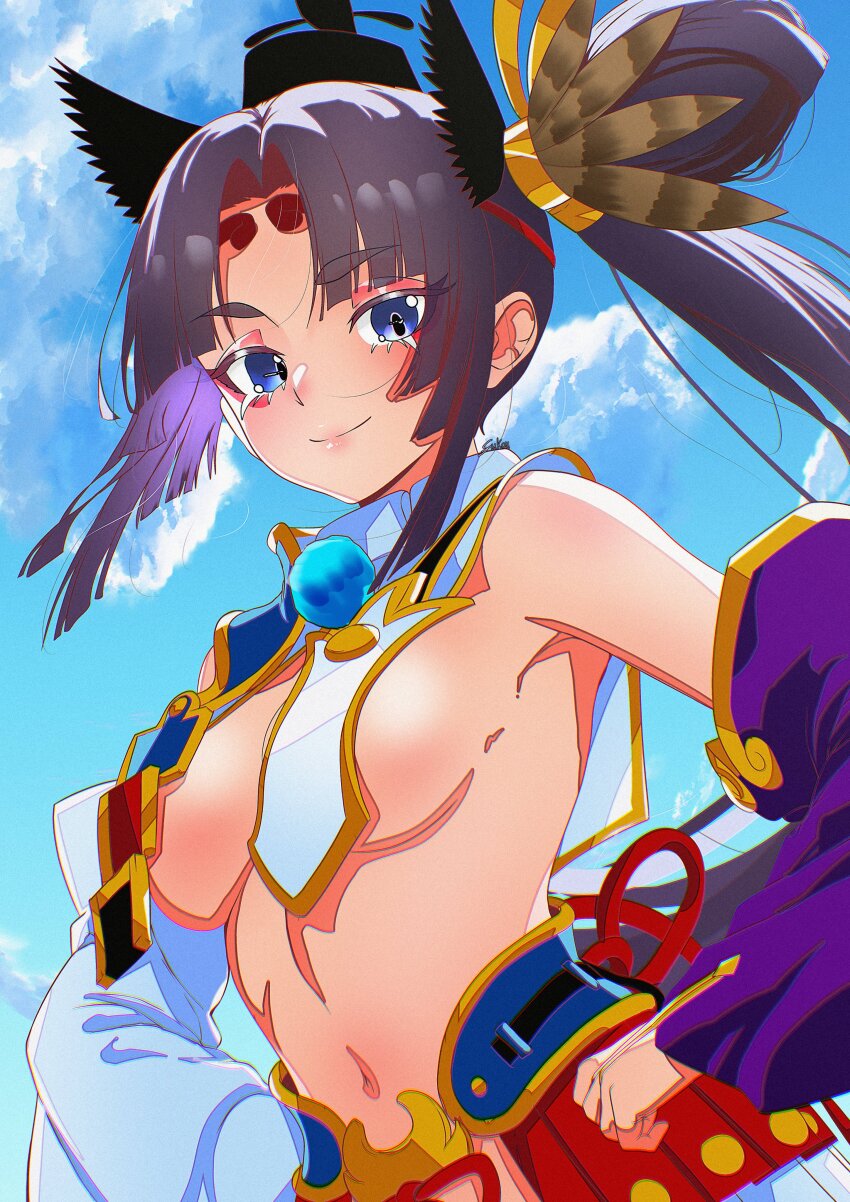 1girl absurdres asymmetrical_sleeves black_hair blue_eyes blue_sky breast_curtains breasts commentary detached_sleeves fate/grand_order fate_(series) fukou hair_ornament highres long_hair looking_at_viewer medium_breasts navel revealing_clothes side_ponytail sky smile solo stomach upper_body ushiwakamaru_(fate)