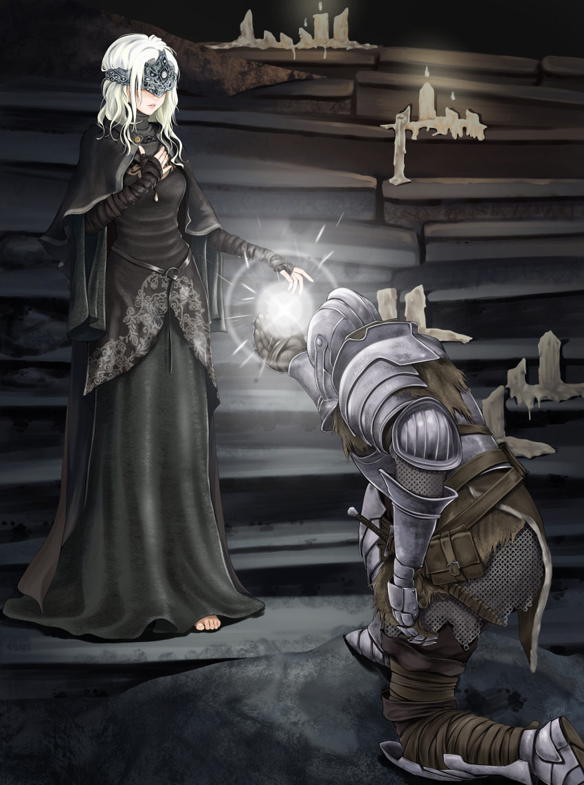 1boy 1girl absurdres armor ashen_one_(dark_souls) bandaged_arm bandages barefoot black_dress breasts candle chaesu chainmail commentary covered_eyes dark_souls_(series) dark_souls_iii dress english_commentary feet fire_keeper full_armor full_body gauntlets hand_on_own_chest hand_up helm helmet highres indoors kneeling knight long_dress parted_lips shadow sheath sheathed small_breasts standing toenails toes white_hair