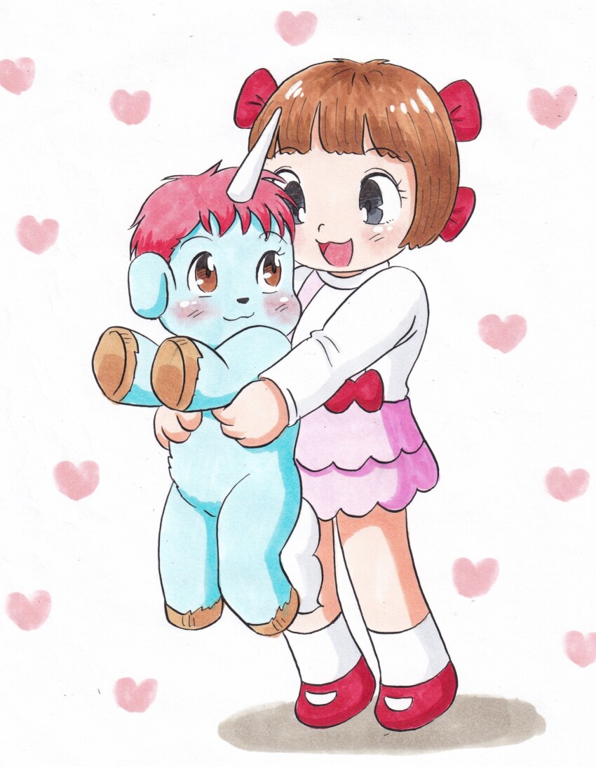 1boy 1girl :3 absurdres animal black_eyes black_jack_(series) blue_fur blush bow brown_eyes brown_hair creator_connection crossover hair_bow heart heart_background highres holding holding_animal horns long_sleeves looking_at_another marup mary_janes multiple_girls open_mouth pink_skirt pinoko red_bow red_shoes shirt shoes short_hair single_horn skirt smile socks standing suspender_skirt suspenders unico_(character) unicorn white_background white_shirt white_socks