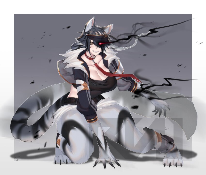 1girl animal_ears animal_hands belt black_belt black_hair black_jacket black_tube_top border breasts cero_rains cleavage collar collarbone commentary commission english_commentary fangs fingernails full_body fur-trimmed_jacket fur_trim glowing glowing_eye gradient_background grey_background hair_over_one_eye highres jacket large_breasts leg_warmers light_particles long_sleeves looking_to_the_side monster_girl open_clothes open_jacket orange_eyes original outside_border red_collar shadow sharp_fingernails sharp_toenails short_hair signature slit_pupils smile solo squatting strapless tail teeth thighs tiger_ears tiger_girl tiger_paws tiger_tail toenails tube_top watermark white_border