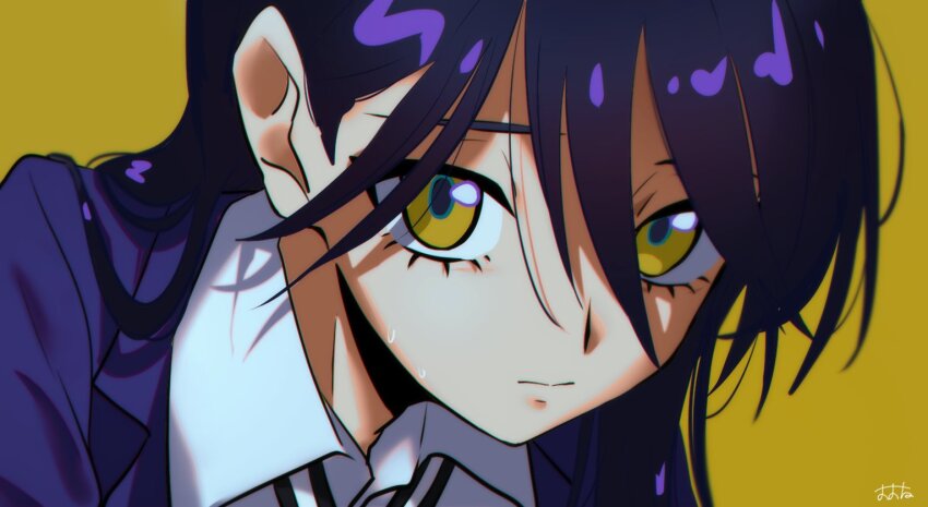 1girl close-up collared_shirt gundam gundam_gquuuuuux long_hair looking_at_viewer nyaan_(gundam_gquuuuuux) nzeneee purple_hair shirt simple_background solo sweatdrop white_shirt yellow_background yellow_eyes