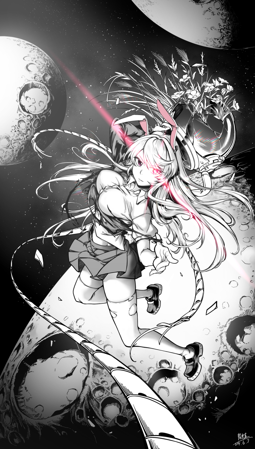 1girl absurdres animal_ears arm_up blazer breasts broken_glass broken_helmet button_gap commentary_request dated flower full_body glass greyscale helmet highres holding holding_helmet jacket long_hair looking_at_viewer monochrome multiple_moons parted_lips pink_eyes pleated_skirt puffy_short_sleeves puffy_sleeves qingwa_chi_she rabbit_ears rabbit_girl reisen_udongein_inaba rope shirt shoes short_sleeves signature skirt solo space space_helmet spot_color thighhighs torn_clothes torn_jacket torn_thighhighs touhou