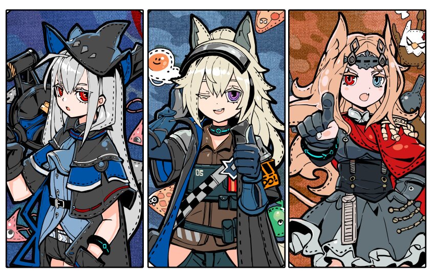 3girls absurdres alchemaniac animal_ears archetto_(arknights) arknights black_gloves blonde_hair blue_eyes cape dress gloves grani_(arknights) grey_hair griffin hat highres holding holding_sword holding_weapon jewelry long_hair looking_at_viewer multiple_girls necklace purple_eyes red_cape red_eyes skadi_(arknights) sword tail weapon