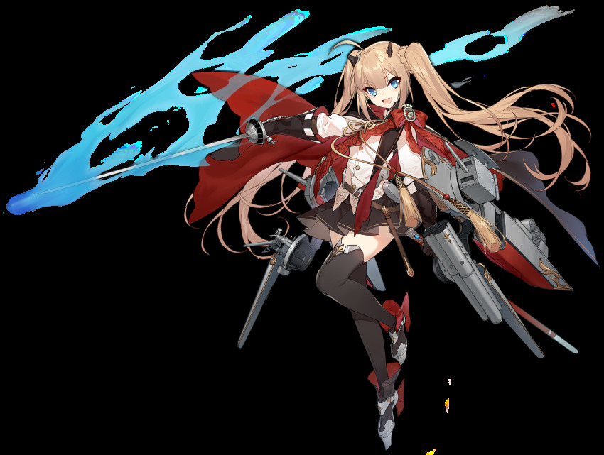 1girl :d amazon_(azur_lane) amazon_(retrofit)_(azur_lane) azur_lane black_thighhighs blue_eyes blush cape fang female_focus hair_between_eyes hair_bun highres long_hair looking_at_viewer official_art open_mouth retrofit_(azur_lane) rigging shi-chen side_bun single_side_bun smile solo thighhighs transparent_background twintails