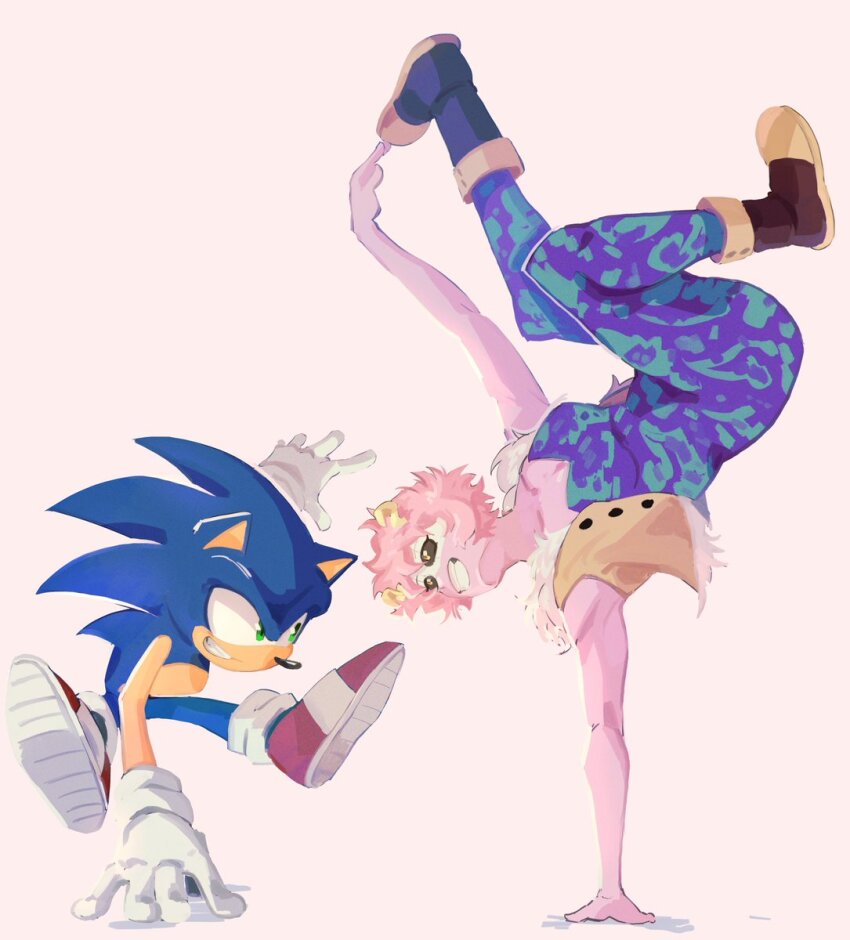 1boy 1girl armpits ashido_mina black_eyes blue_fur blue_hair boku_no_hero_academia bones_(company) boots breakdance colored_skin crossover curly_hair curvy dancing gloves green_eyes grin highres ifoundyoufaker jacket multicolored_hair pink_hair pink_skin sega shoes shounen_jump smile socks sonic_(series) sonic_the_hedgehog teeth tight_clothes two-tone_fur two-tone_hair yellow_eyes