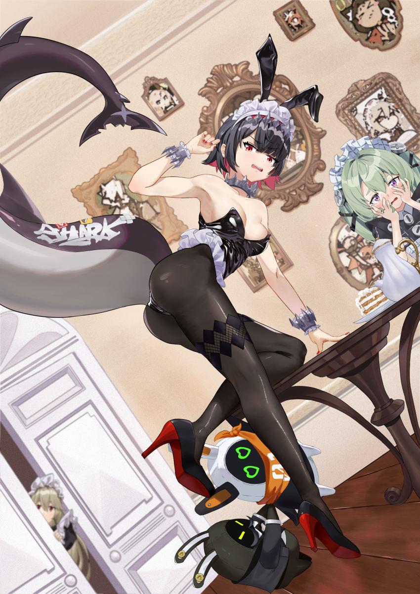3girls absurdres alexandrina_sebastiane alternate_costume animal_ears arm_support ass bare_shoulders black_hair black_leotard black_pantyhose black_ribbon black_shoes blush breasts choker colored_inner_hair commentary_request corin_wickes dutch_angle ellen_joe fake_animal_ears film_grain fins fish_tail frilled_wristband frown full_body furrowed_brow green_hair hair_between_eyes hair_intakes hair_ribbon hairband hand_up hands_on_own_cheeks hands_on_own_face high_heels highleg highleg_leotard highres indoors legs leotard looking_at_viewer maid maid_headdress medium_breasts metal_hairband multicolored_hair multiple_girls nail_polish open_mouth pantyhose peeking_out playboy_bunny portrait_(object) purple_eyes rabbit_ears red_eyes red_hair red_nails ribbon scar scar_on_tail screw_hair_ornament shark_girl shark_tail shoes short_hair solo_focus spiked_choker spiked_headband spikes standing standing_on_one_leg strapless strapless_leotard table tail tail_raised teeth thick_eyebrows twintails two-tone_hair upper_teeth_only user_xnkx8754 v-shaped_eyebrows wavy_mouth zenless_zone_zero