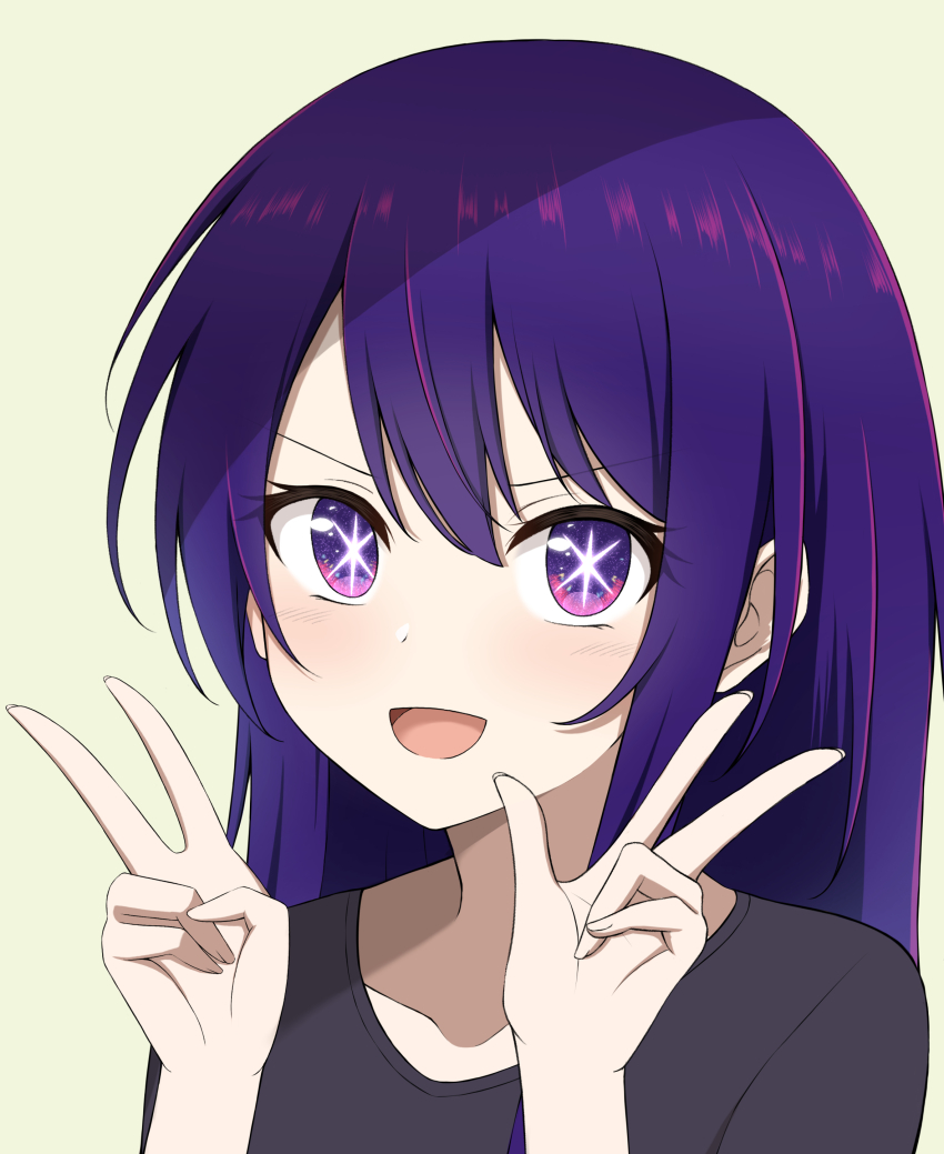 1girl :d absurdres black_shirt blush bright_pupils commentary_request double_v hair_between_eyes hands_up highres hoshino_ai long_hair looking_at_viewer open_mouth oshi_no_ko portrait purple_eyes purple_hair shirt sidelocks simple_background smile smug solo star-shaped_pupils star_(symbol) straight_hair symbol-shaped_pupils szl v v-shaped_eyebrows white_pupils yellow_background