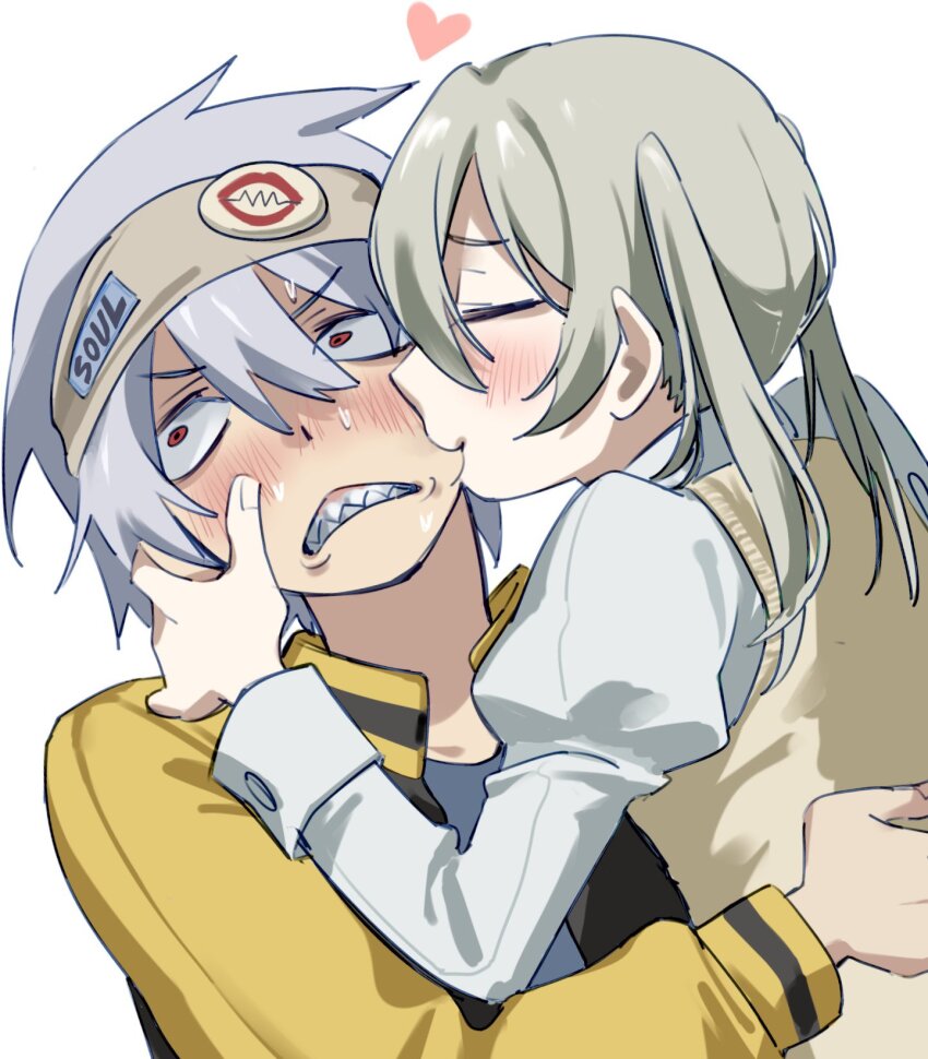 1boy 1girl blonde_hair blush cheek_sucking closed_eyes hand_on_another&#039;s_face highres jacket long_hair long_sleeves nyanyanyannyy red_eyes school_uniform short_hair simple_background soul_eater soul_evans teeth twintails white_hair