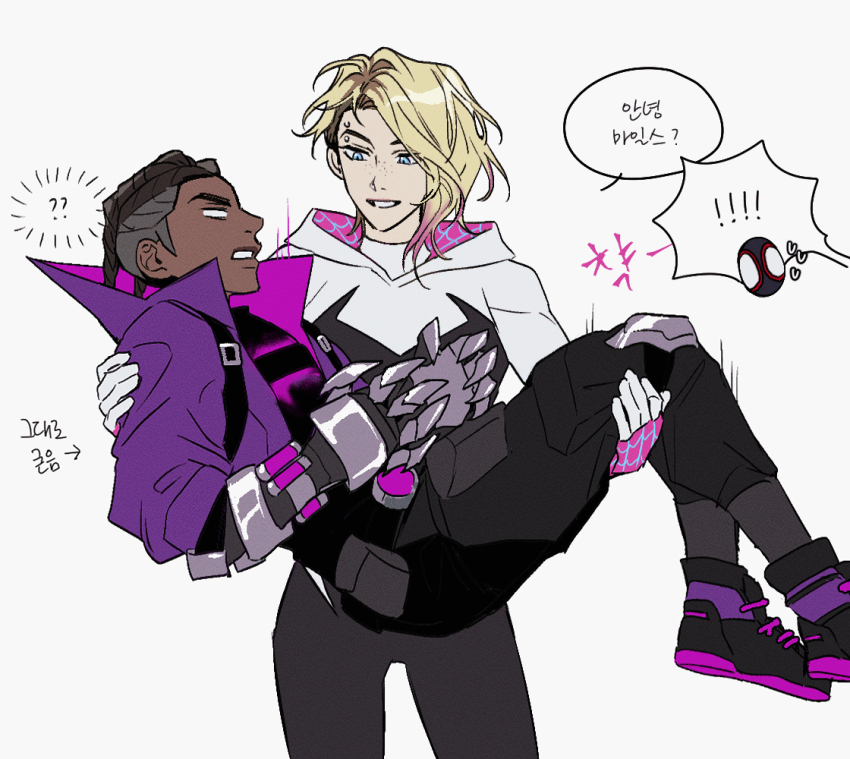 1girl 2boys animification armor arrow_(symbol) baggy_pants black_bodysuit black_footwear black_hair black_pants black_shirt blonde_hair blue_eyes bodysuit breasts carrying commentary_request dark-skinned_male dark_skin freckles gradient_hair grey_armor grey_hair grey_socks gugusam0 gwen_stacy hands_up heart hetero hood hooded_bodysuit jacket korean_commentary korean_text long_sleeves looking_at_another looking_down looking_up marvel medium_breasts miles_g._morales multicolored_bodysuit multicolored_hair multiple_boys open_clothes open_jacket pants piercing pink_hair pink_jacket princess_carry purple_bodysuit purple_jacket shirt shoes short_hair simple_background smile sneakers socks speech_bubble spider-gwen spider-man:_across_the_spider-verse spider-man_(miles_morales) spider-man_(series) spider-verse spider_web_print standing superhero_costume teeth translation_request two-sided_fabric two-sided_jacket two-tone_hair v-shaped_eyebrows white_background white_bodysuit
