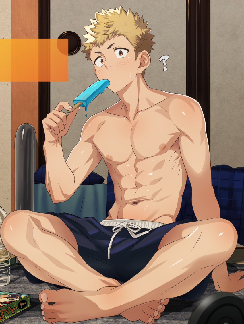 1boy ? amainu barefoot bedroom blonde_hair blue_shorts brown_eyes food highres holding holding_food holding_popsicle indian_style indoors male_focus nipples persona persona_5 popsicle sakamoto_ryuuji short_hair shorts sitting solo sweatdrop toned toned_male topless_male