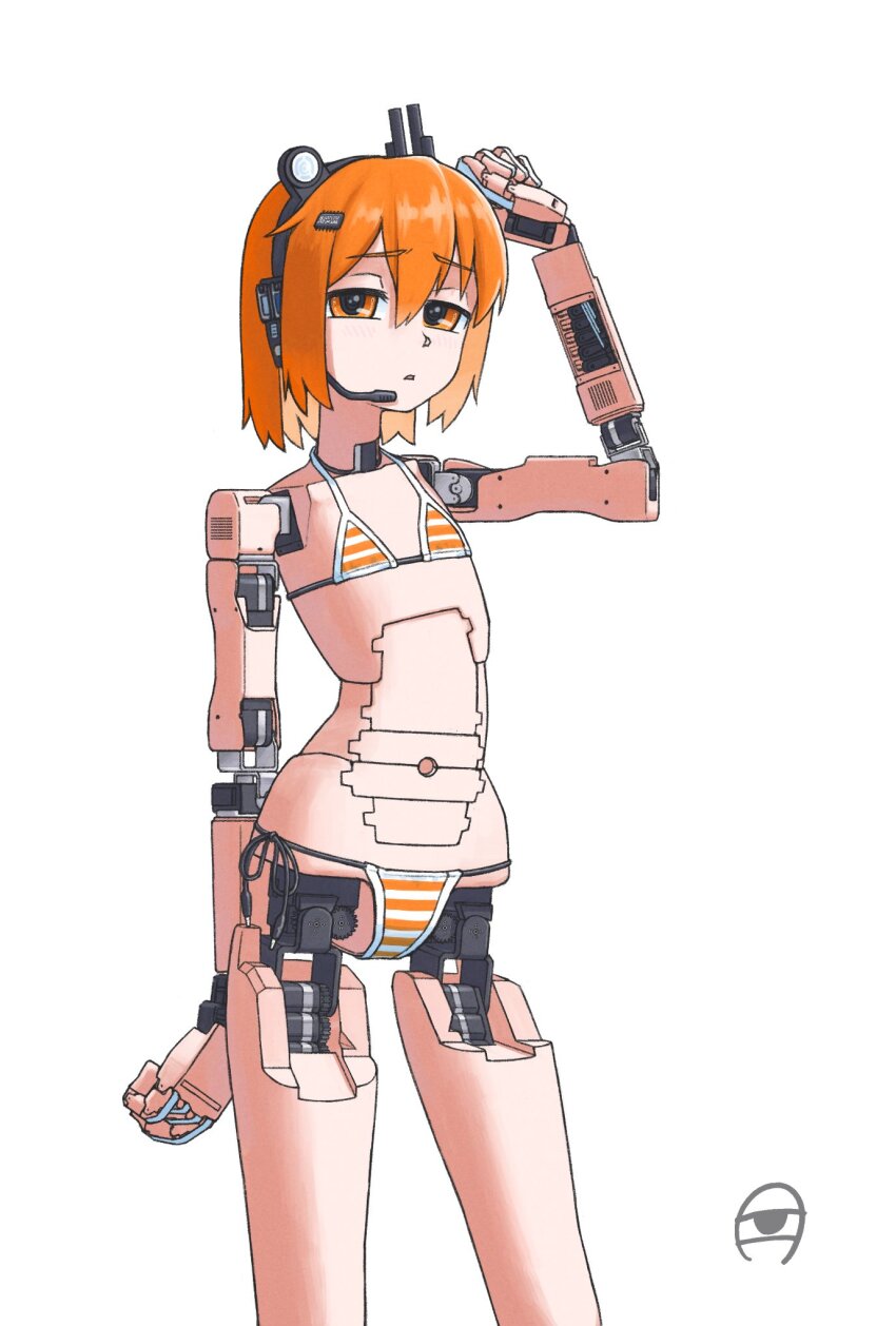 1girl a.i._voice adachi_rei android bikini cable computer_chip cowboy_shot flat_chest gears hair_ornament half-closed_eyes hand_up headlamp headset highres jacket joints kanbaru_mitsuki lens_eye looking_at_viewer navel orange_bikini orange_eyes orange_hair parted_lips radio_antenna robot_joints side-tie_bikini_bottom simple_background solo standing string_bikini striped_bikini striped_clothes swimsuit utau variant_set white_background