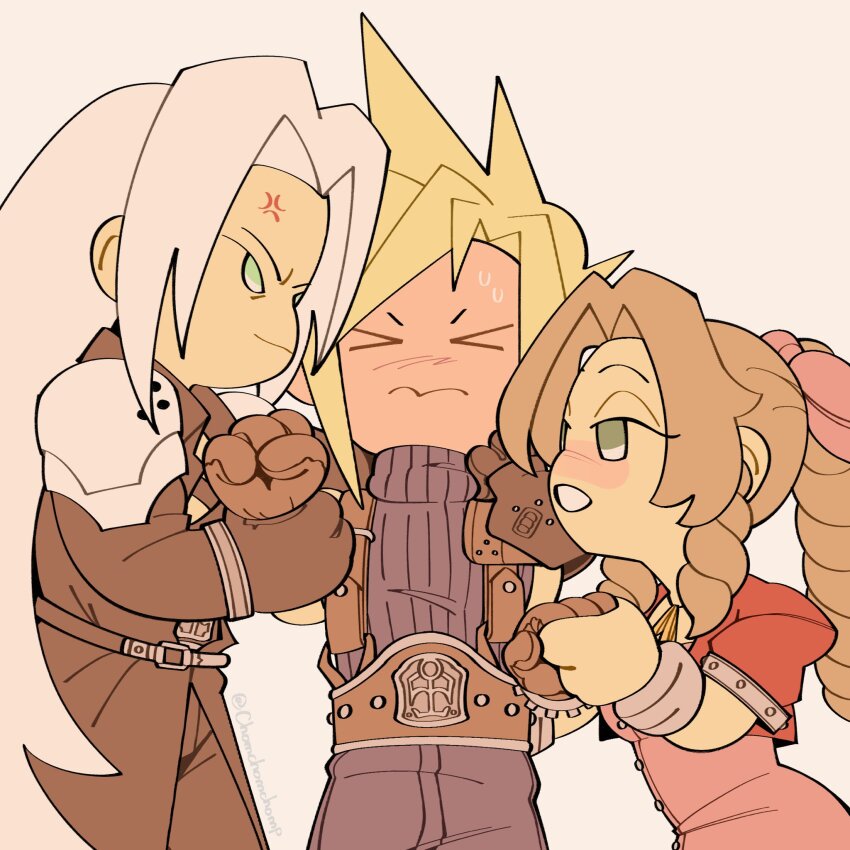 &gt;_&lt; 1girl 2boys aerith_gainsborough anger_vein armor armored_gloves bangle belt black_coat black_gloves black_pants blonde_hair blue_pants blue_shirt blush bracelet braid braided_ponytail brown_belt brown_gloves brown_hair chibi chibi_only choker chomchomchomp clenched_hands cloud_strife coat cropped_jacket dress final_fantasy final_fantasy_vii furrowed_brow gloves green_eyes grey_hair hair_ribbon half-closed_eyes highres holding_another&#039;s_wrist holding_hands jacket jewelry long_hair multiple_boys pants parted_bangs parted_lips pauldrons pink_dress pink_ribbon red_jacket ribbon ribbon_choker sephiroth shirt short_hair shoulder_armor sidelocks single_braid single_pauldron sleeveless sleeveless_turtleneck smile spiked_hair suspenders sweatdrop turtleneck upper_body white_background