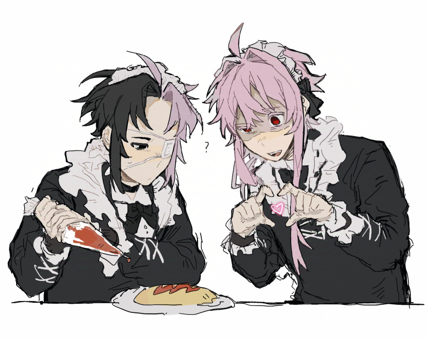 2boys ? ahoge alternate_costume black_bow black_bowtie black_choker black_eyes black_hair black_ribbon black_shirt bow bowtie chinese_commentary choker closed_mouth colored_eyelashes commentary_request crossdressing curtained_hair enmaided food hair_intakes hair_ribbon heart heart_hands highres holding holding_pastry_bag lei_renqun_xing_shanyao_shi long_sleeves maid maid_headdress male_focus male_maid multicolored_hair multiple_boys mutsushika_misumi nijou_ryuu omelet omurice open_mouth parted_bangs pastry_bag patchwork_skin pink_hair red_eyes ribbon saibou_shinkyoku shirt short_hair short_hair_with_long_locks smile sweat two-tone_hair uneven_eyes white_background