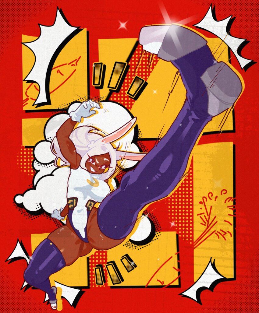 1girl animal_ears boku_no_hero_academia dark-skinned_female dark_skin dynamic_pose foreshortening gloves grin highres incoming_kick kicking leotard long_eyelashes long_hair mirko notice_lines purple_thighhighs rabbit_ears rabbit_girl red_background red_eyes skindentation smile snailbrunch solo thighhighs white_gloves white_hair white_leotard