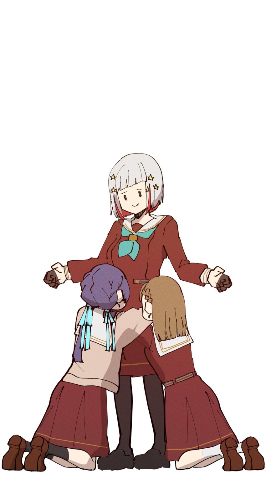 3girls aqua_neckerchief black_pantyhose black_shoes black_socks blue_hair blue_ribbon blunt_ends bob_cut braid brown_dress brown_hair brown_shoes center-flap_bangs check_commentary closed_mouth commentary_request diagonal_bangs dollchestra dress full_body group_hug hair_ornament hair_ribbon hasu_no_sora_school_uniform highres hug inverted_bob kachimachi_kosuzu link!_like!_love_live! loafers long_hair long_sleeves love_live! low_twintails medium_dress multicolored_hair multiple_girls murano_sayaka neckerchief pantyhose pleated_dress red_hair ribbon sailor_collar sailor_dress school_uniform shoes short_hair side_braids simple_background smile socks split_mouth standing star_(symbol) star_hair_ornament streaked_hair twintails virtual_youtuber white_background white_hair white_sailor_collar white_socks winter_uniform yaa-kun yugiri_tsuzuri |_|