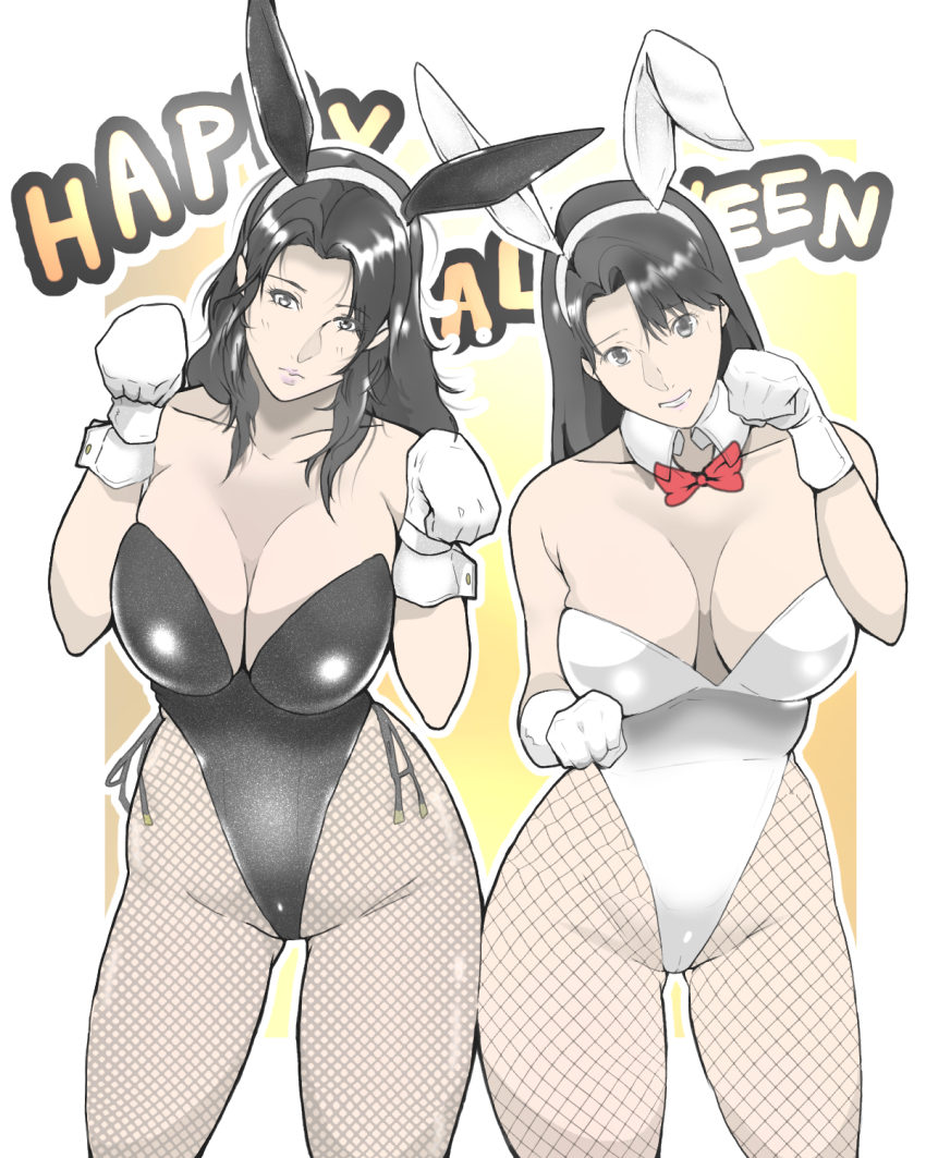 2girls animal_ears aoshika_akiko asymmetrical_bangs bare_shoulders black_eyes black_hair black_leotard bow bowtie breasts breasts_apart cameltoe cleavage cowboy_shot detached_collar expressionless fake_animal_ears female_focus fishnet_legwear fishnets gloves gradient_background groin halloween hands_up happy_halloween head_tilt highres large_breasts legs leotard long_hair looking_at_viewer multiple_girls original parted_lips paw_pose playboy_bunny rabbit_ears simple_background smile standing strapless swept_bangs thighs uehara_nagisa wan_(13070284) white_leotard wolf_guy wrist_cuffs