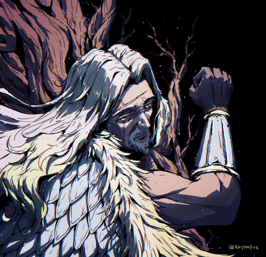 1boy armlet beard biceps clenched_hand facial_hair gradient_hair green_eyes hand_up highres jewelry kapxapius lo_po_bia_robadon log long_hair looking_at_viewer mature_male multicolored_hair mustache old old_man original plant scar scar_on_face signature tower_of_god triceps twitter_username two-tone_hair wrinkled_skin