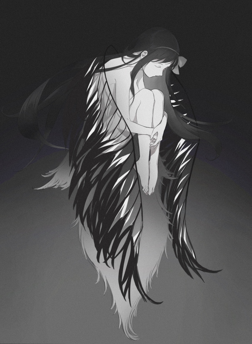 1girl akemi_homura akuma_homura black_background black_feathers black_hair black_wings bow_hairband closed_eyes closed_mouth feathers full_body gradient_background grey_background greyscale hairband highres hugging_own_legs knees_up long_hair mahou_shoujo_madoka_magica mahou_shoujo_madoka_magica:_hangyaku_no_monogatari monochrome nude solo thanatos1990 very_long_hair wings