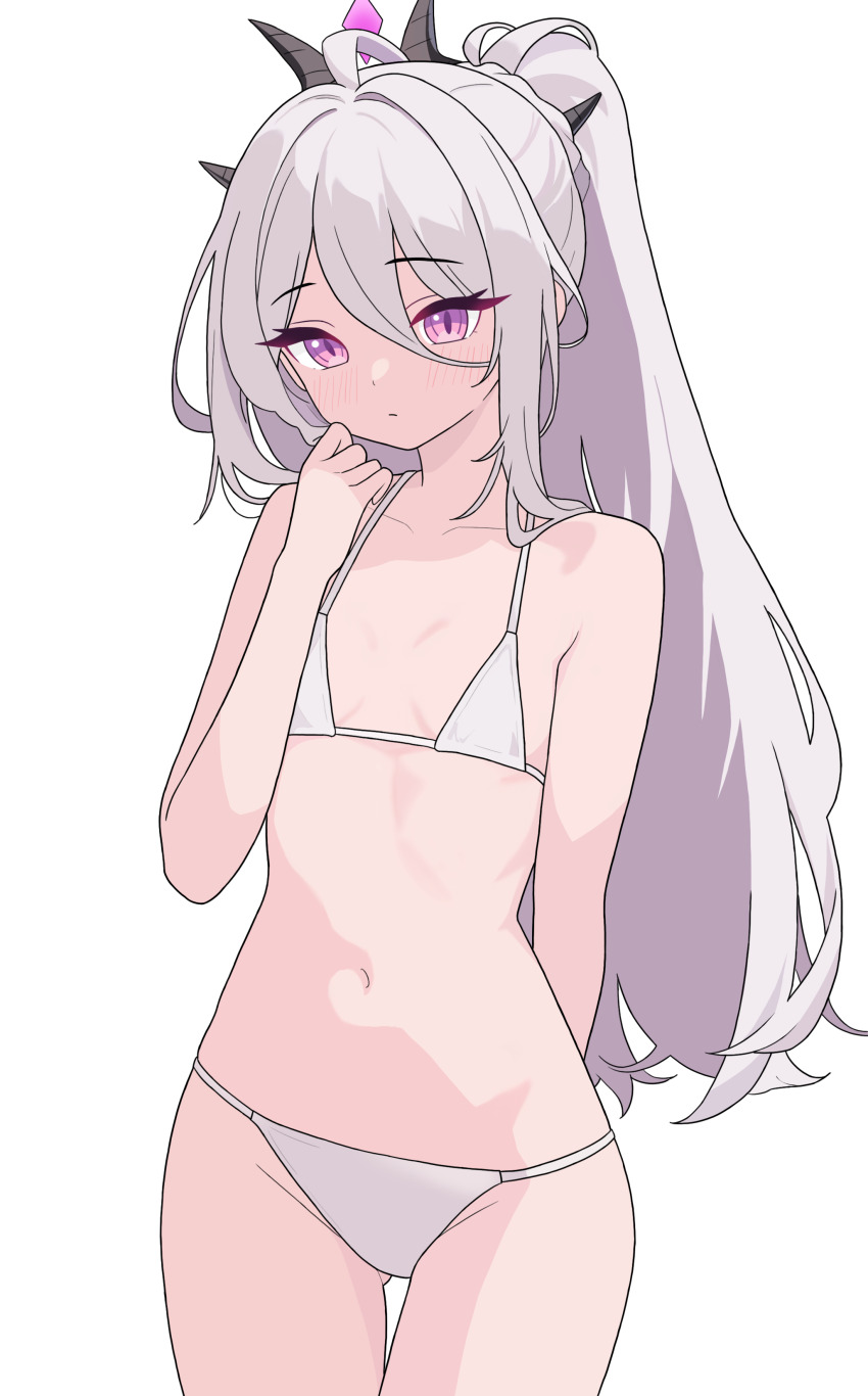 1girl absurdres ahoge arm_behind_back bikini black_horns blue_archive blush bra breasts closed_mouth collarbone demon_girl demon_horns dot_nose flat_chest gluteal_fold hair_between_eyes hair_over_shoulder halo hand_up highres hina_(blue_archive) horns loli long_hair looking_at_viewer multiple_horns navel no_wings ponytail purple_eyes simple_background solo standing swimsuit thejx_063 thigh_gap underwear very_long_hair white_background white_bikini white_hair
