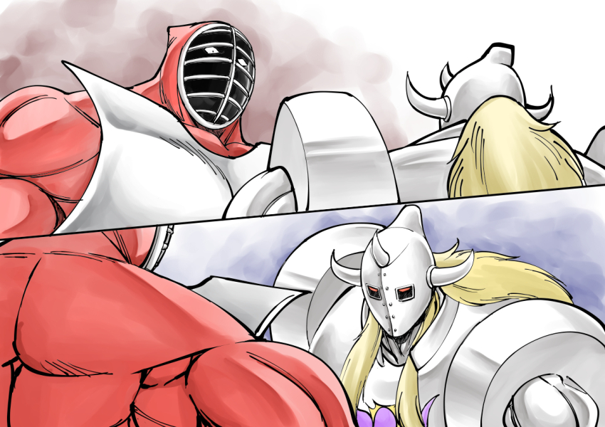 2boys akuma_shogun angry armor battle biceps eye_contact face-to-face full_armor kazeya_kazuya kinnikuman long_hair looking_at_another monster_boy multiple_boys muscular no_humans serious shaded_face simple_background size_difference strong_the_budo sword weapon