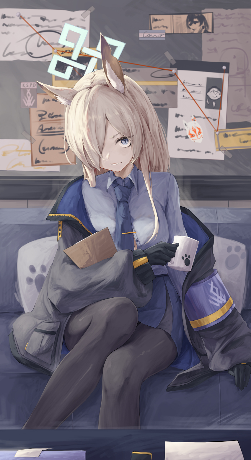 1girl absurdres animal_ear_fluff animal_ears black_gloves black_jacket black_pantyhose blonde_hair blue_archive blue_eyes blue_halo blue_necktie blue_shirt blue_skirt clenched_teeth coffee_mug cup dandandan668 dog_ears dog_girl gloves hair_over_one_eye halo highres holding holding_cup jacket kanna_(blue_archive) long_hair looking_at_viewer mug necktie pantyhose sharp_teeth shirt sidelocks sitting skirt solo teeth