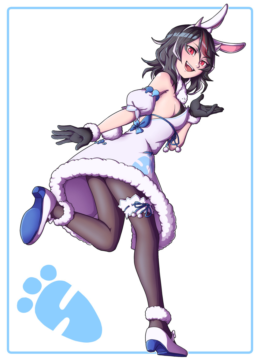 1girl absurdres animal_ears ankle_garter black_gloves black_hair black_pantyhose carrot_print commission cosplay detached_sleeves fangs food_print frilled_thigh_strap fur-trimmed_gloves fur_trim gloves high_heels highres hololive horns kijin_seija leotard looking_at_viewer mary_janes mefomefo multicolored_hair open_mouth pantyhose rabbit_ears rabbit_tail red_eyes running shoes smile solo strapless strapless_leotard streaked_hair tail thigh_strap touhou usada_pekora usada_pekora_(1st_costume) usada_pekora_(cosplay) virtual_youtuber white_shoes