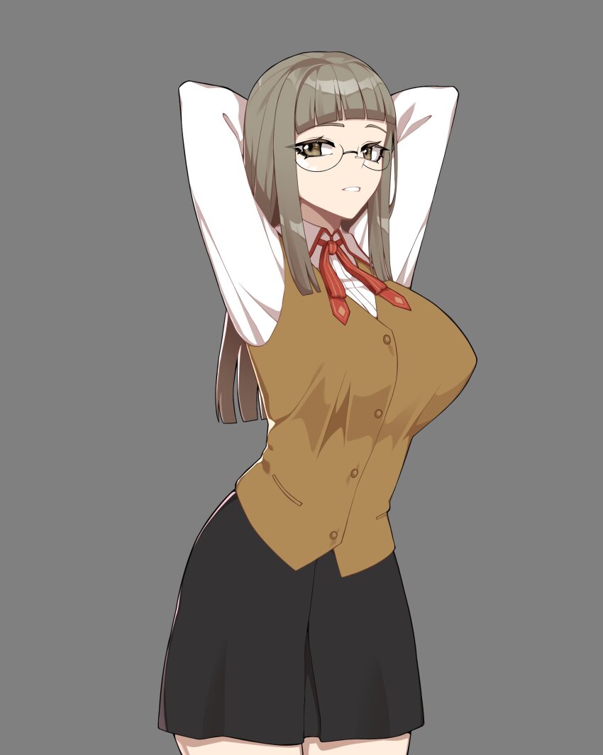 1girl absurdres arms_behind_head black_skirt breasts brown_vest buttons collared_shirt commentary commission cross cross_print english_commentary fate/stay_night fate_(series) glasses grey_eyes grey_hair highres himuro_kane homurabara_academy_school_uniform hyperbudd large_breasts looking_at_viewer medium_hair medium_skirt neck_ribbon parted_lips ribbon school_uniform seductive_gaze seductive_smile shirt simple_background skirt smile solo vest white_shirt