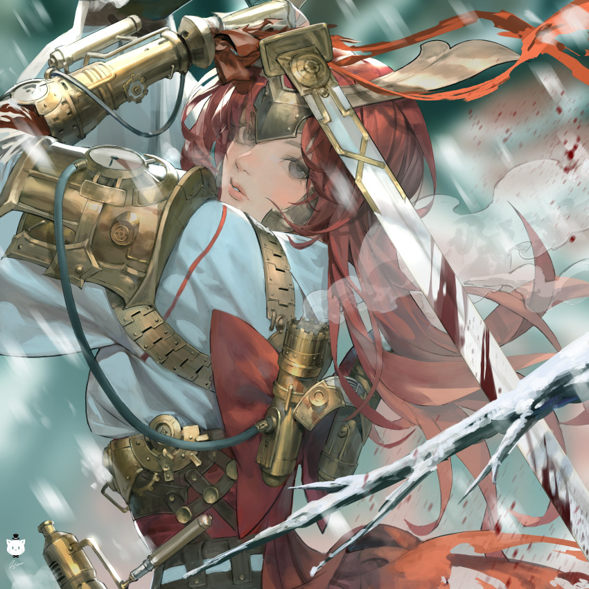 1girl absurdres armor artist_logo black_eyes blood blood_splatter bloody_weapon branch cable commentary dated_commentary english_commentary forehead_protector highres holding holding_sword holding_weapon japanese_clothes jung_wonjo kimono lips logo long_hair long_sleeves looking_at_viewer mechanical_arms original parted_lips red_hair red_ribbon red_sash ribbon sash shoulder_armor signature solo steam steampunk sword upper_body weapon white_kimono wide_sleeves