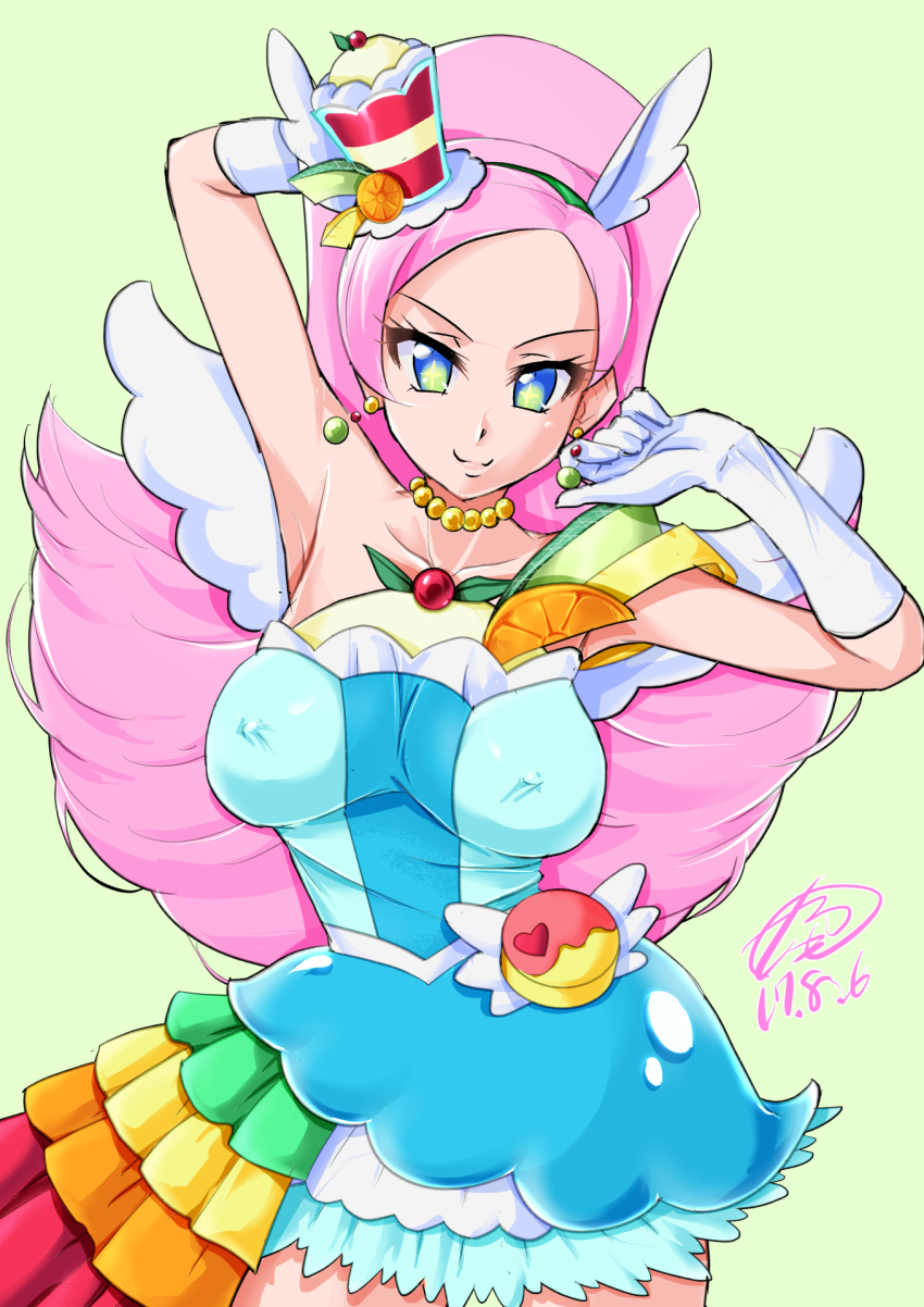 1girl blue_eyes breasts covered_erect_nipples cure_parfait dress earrings food-themed_hair_ornament hair_ornament highres jewelry kirahoshi_ciel kirakira_precure_a_la_mode large_breasts looking_at_viewer multicolored_eyes pink_hair precure smile solo solo_focus strapless strapless_dress symbol_in_eye tamo_(nama-yatsuhashi)